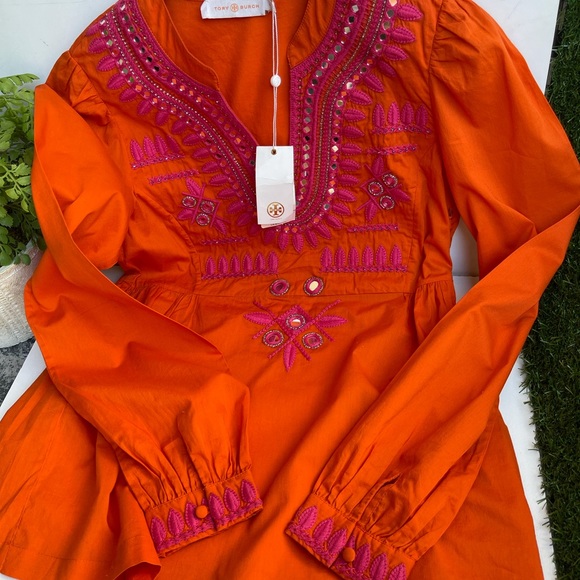 Tory Burch🍁🍂Tangerine Embellished Embroidered Tunic $350 NWT - Picture 6 of 12